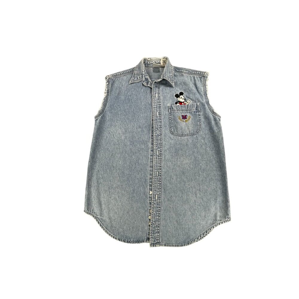 Vtg The Disney Store Mickey Mouse Denim Sleeveless Button-Up Shirt S * Flaw